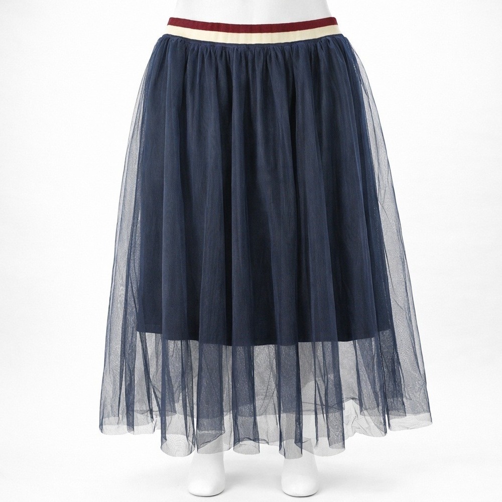 Elvi Y2K Fairy Grunge Pleated Midi Skirt Size L Navy Blue Elastic Waist Tulle‎